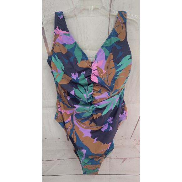 Women's Shirred Plunge One Piece Swimsuit - Shade & Shore Multi Floral Print 16 - Picture 2 of 7